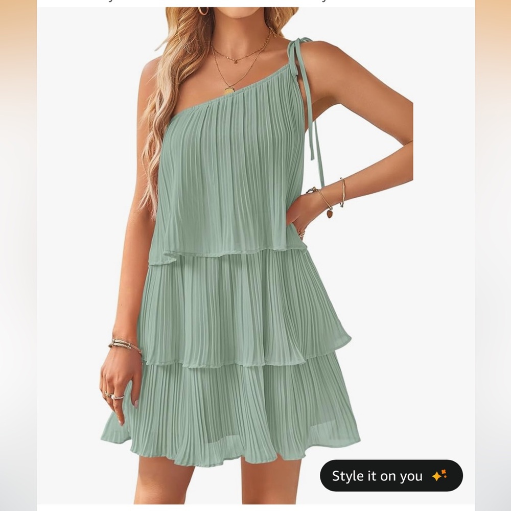 One-Shoulder Pleated Tiered Mini Dress in Sage Green